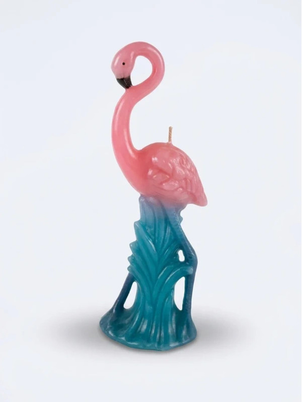 Vintage Pink Flamingo Figural Candle Blue Tropical Palm Base 10" Unburned